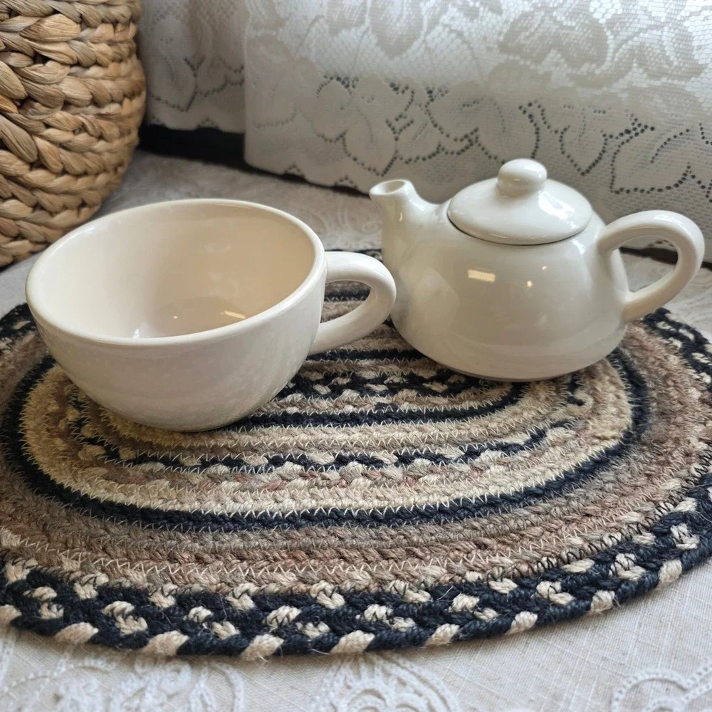 Pier 1, Tea for One Set Small Cream Off-White Ceramic Stackable Teapot and Cup